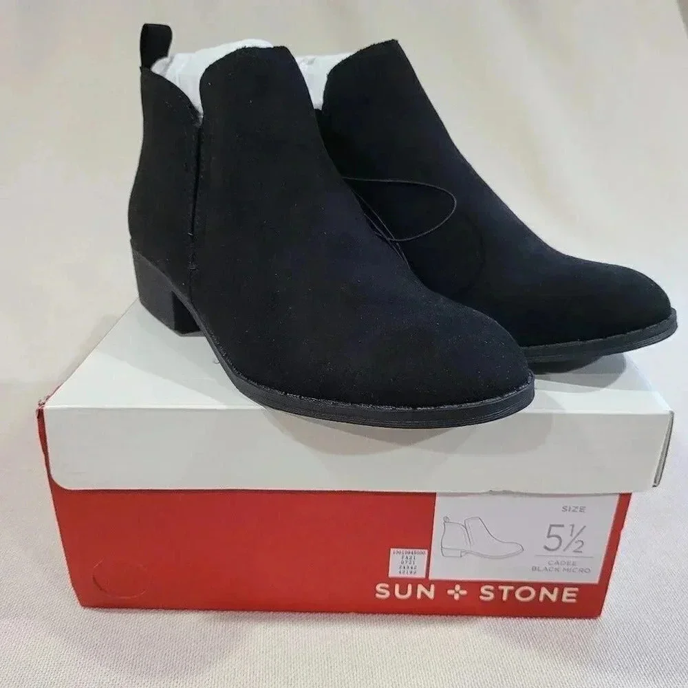 NWT SUN + STONE Cadee Women's Ankle Booties Black Micro Suede Size 5.5